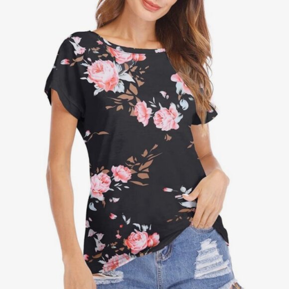 Haola Black Pink Floral Scoop Neck Short Sleeve Blouse Size M NWT - Picture 1 of 2
